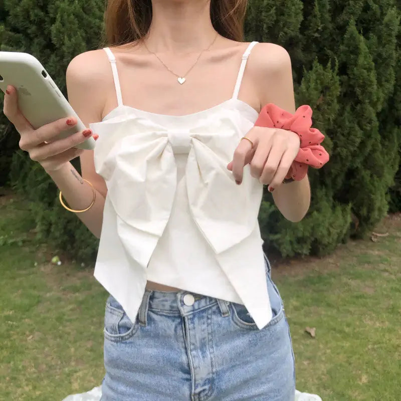 Kamisol Wanita Busur Besar Santai Padat Manis Kawaii Gadis Asas Kelab Malam Slim Tanpa Lengan Tees Chic Seksi Crop Top Wanita Bergaya
