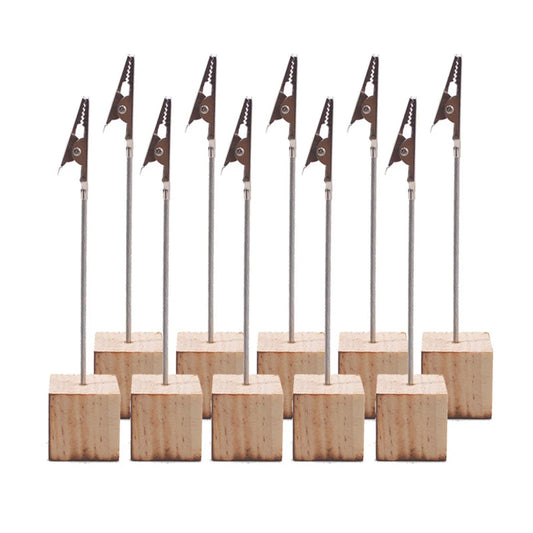 10 Pcs Cube Base Memo Clips Holder with Alligator Clip Clasp for Displaying Number Cards, Photo Memo Clip Wood Holder Stand