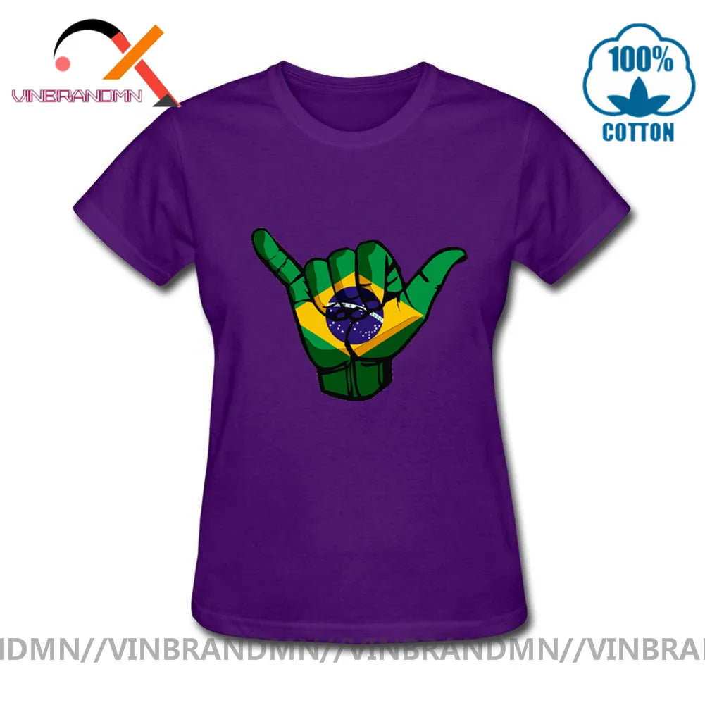 Funny Shaka sign Brazil flag T shirts Women Short Sleeve O-neck 100% Cotton T-shirt Hot sale Casual Fashionable Urban Apparel