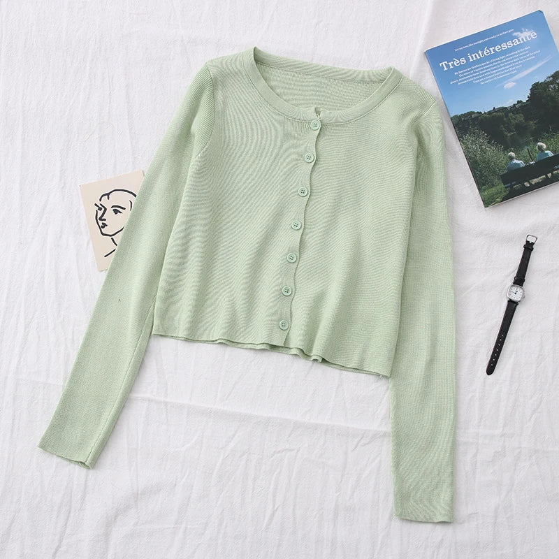 OUMEA Knitted Cardigans Spring Autumn Buttons Front Long Sleeve Crop Cardigans Top Solid Color Simple Classic Knitted Cardigans