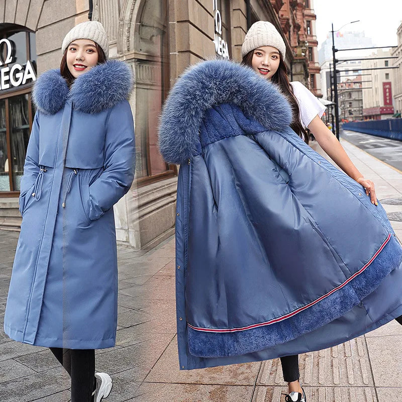 Parka Tudung Bulu Besar Wanita Pelapik Boleh Tanggal Lapik Kapas Panjang Bawah Kot Empuk Wanita Pakaian Tahan Panas Panas Tebal Jaket Musim Sejuk Wanita AU-181