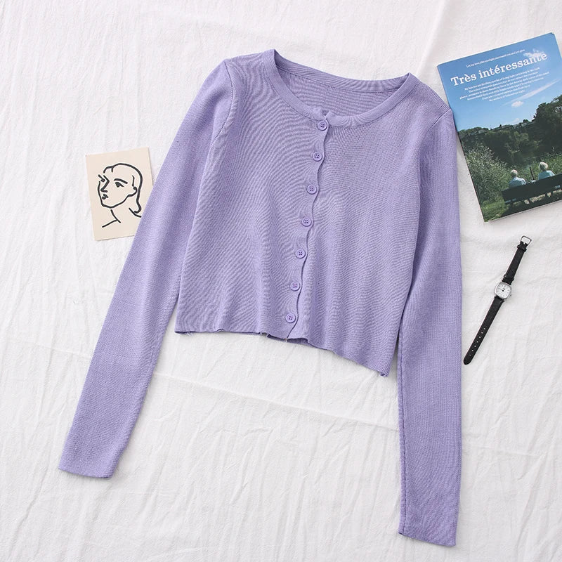 OUMEA Knitted Cardigans Spring Autumn Buttons Front Long Sleeve Crop Cardigans Top Solid Color Simple Classic Knitted Cardigans