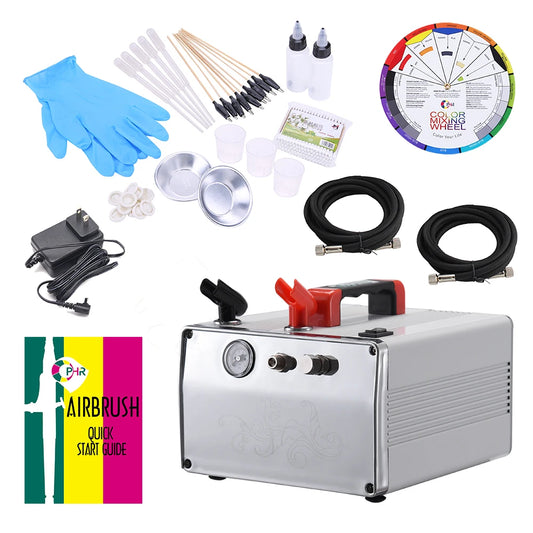 OPHIR DC 12V Compressor with Tank Adjustable Air Pressure & Airbrush & Accessories Set & Color Wheel f Model Car Painting AC062W