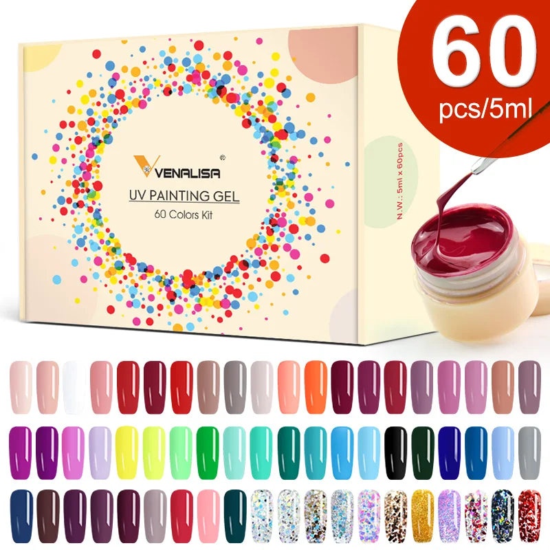 Petua Seni Kuku Venalisa Reka Bentuk Manikur Kosmetik Kuku Profesional 60 Warna LED UV Rendam Cat Gel Lacquer Pengilat Kuku