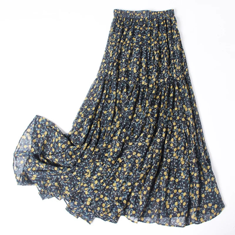 Versi Korea Selatan Musim Panas Wanita Berpinggang Tinggi Luar Bandar Kecil Bunga Segar Skirt Kolej Chiffon Elegan Bercetak Separuh Panjang
