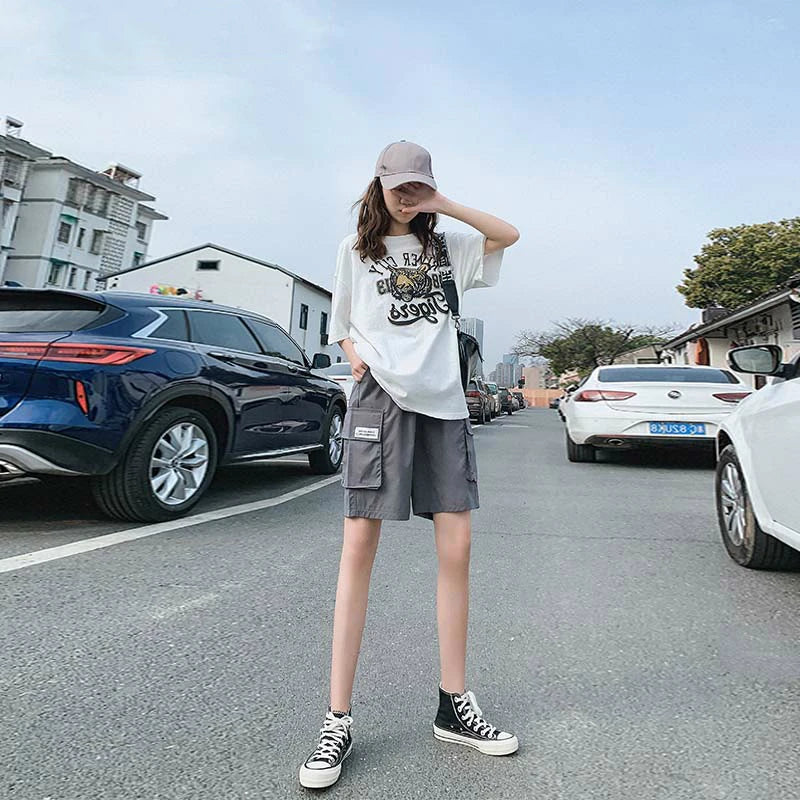 Seluar pendek Wanita Musim Panas Pinggang Tinggi Poket 3XL Paras Lutut BF Kasual Lurus Vintage Chic Solid Longgar Wanita Streetwear Ins Ulzzang