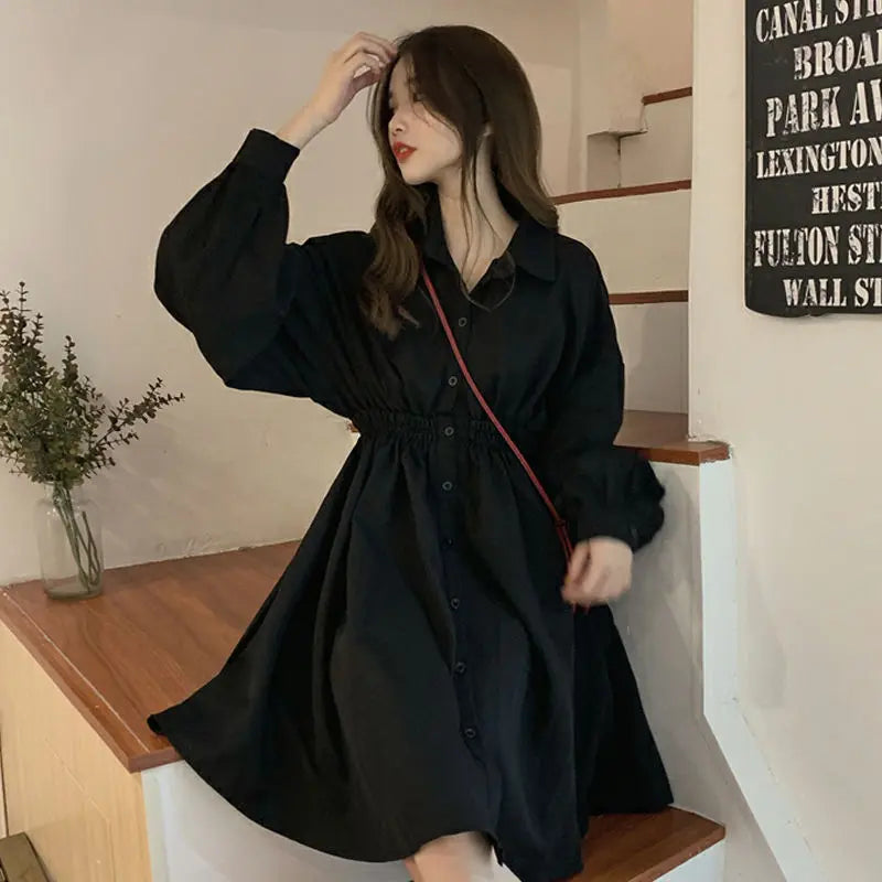 Pakaian Wanita Korea Pinggang Elastik Rekaan Vintage Hitam Musim Panas Mudah Wanita Vestidos Lengan Tanglung Bergaya Pakaian Gadis Preppy