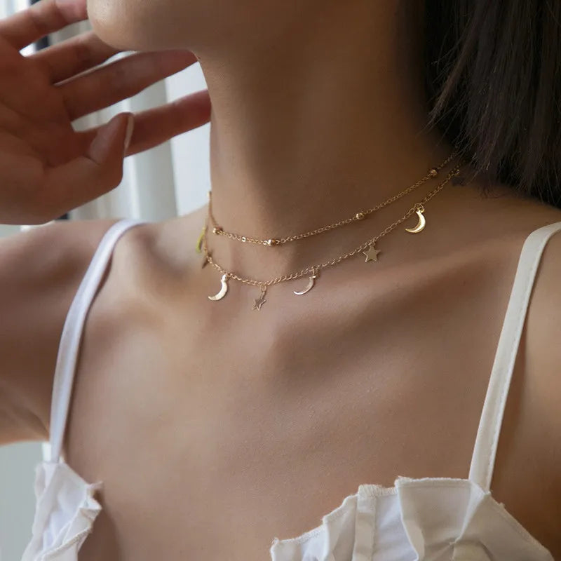 Kalung Klavikel Loket Bintang & Bulan Dua Lapisan Manik Kolar Fesyen Wanita Minimalis Musim Panas Barang Kemas Setiap Hari Bijoux