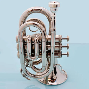 JM Mini Pocket Trumpet Bb Alat Angin Tembaga Rata dengan Corong Sarung Tangan Pembersih Kain Membawa Sarung
