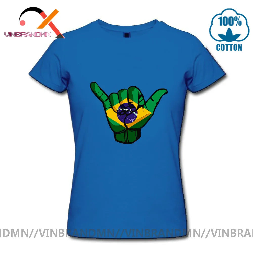 Funny Shaka sign Brazil flag T shirts Women Short Sleeve O-neck 100% Cotton T-shirt Hot sale Casual Fashionable Urban Apparel