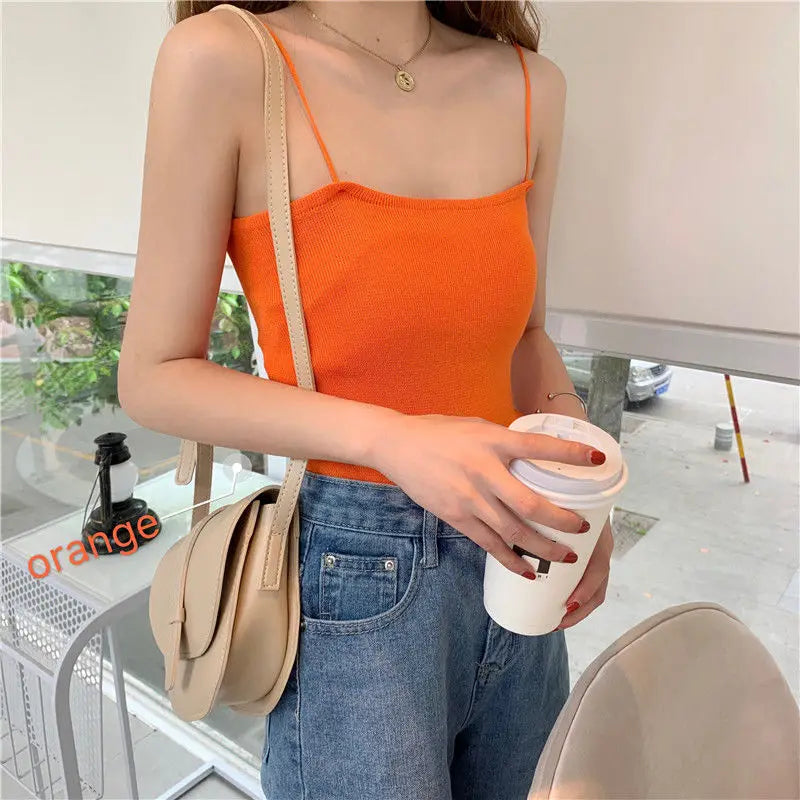 Camisoles Women Summer Solid Colorful Sexy Knitted Sleeveless Tees Womens Tanks Tops Camis Chic Basic All-match Ulzzang Backless