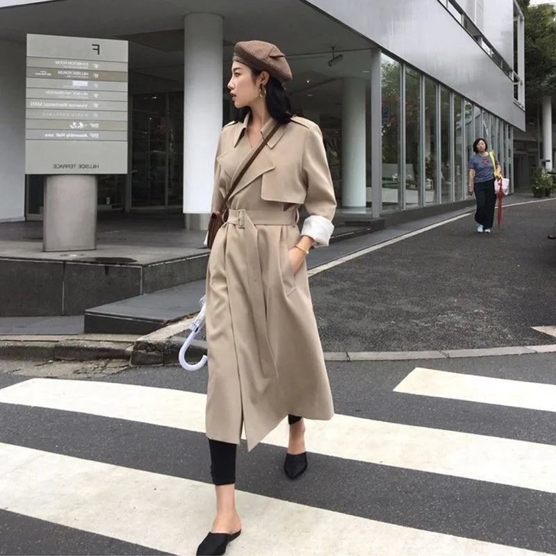 Kot parit wanita musim bunga High Street pakaian wanita High Street 2022 Pakaian Luar Longgar Wanita Pekerja Streetwear Pemecah angin panjang dengan tali pinggang FY06