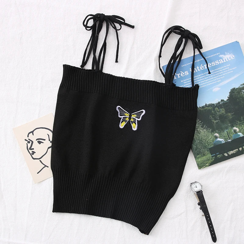 OUMEA Knitting Bow Tie Cami Tops Butterfly Bordir Spaghetti Knit Seksi Crop Top Musim Panas Wanita Tops Kasual Keluar Atasan Kurus