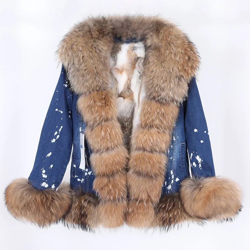 Super short denim fox fur collar rabbit fur lining removable fashionable warm jacket casual jacket