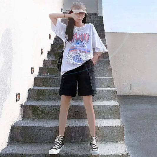 Seluar pendek Wanita Musim Panas Pinggang Tinggi Poket 3XL Paras Lutut BF Kasual Lurus Vintage Chic Solid Longgar Wanita Streetwear Ins Ulzzang