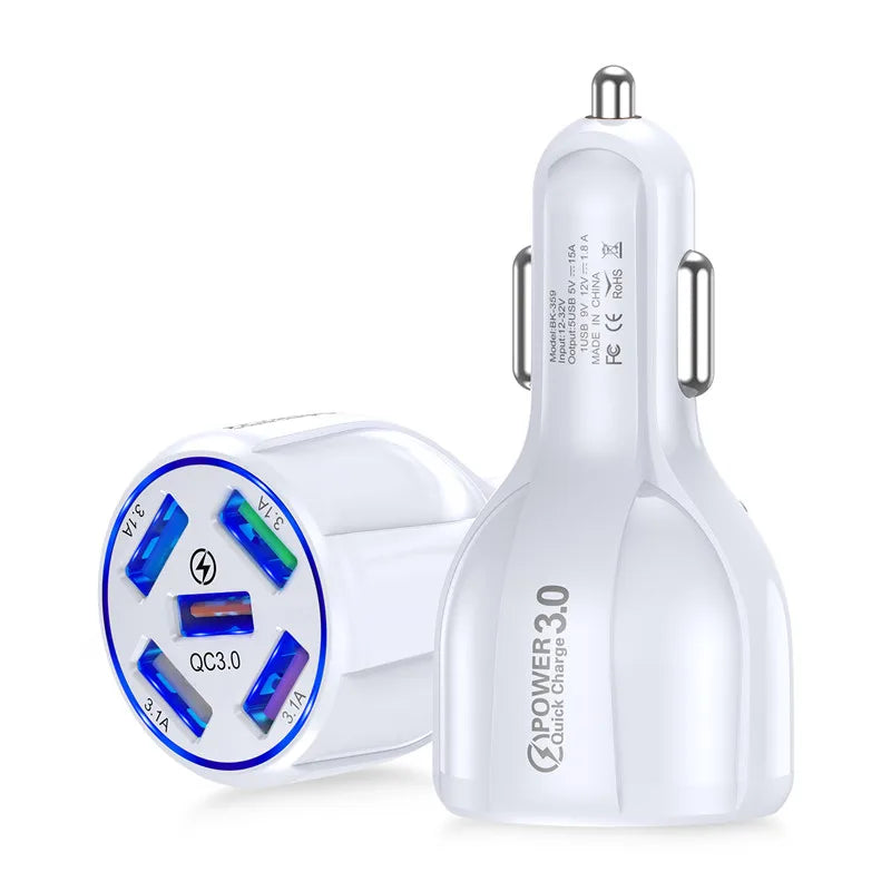 USLION 5 Port Pengecas Cepat Pengecas USB Kereta untuk Xiaomi redmi note 10 pro Pengecas Pantas 3.0 15A Pengecas Telefon Mudah Alih dalam Kereta