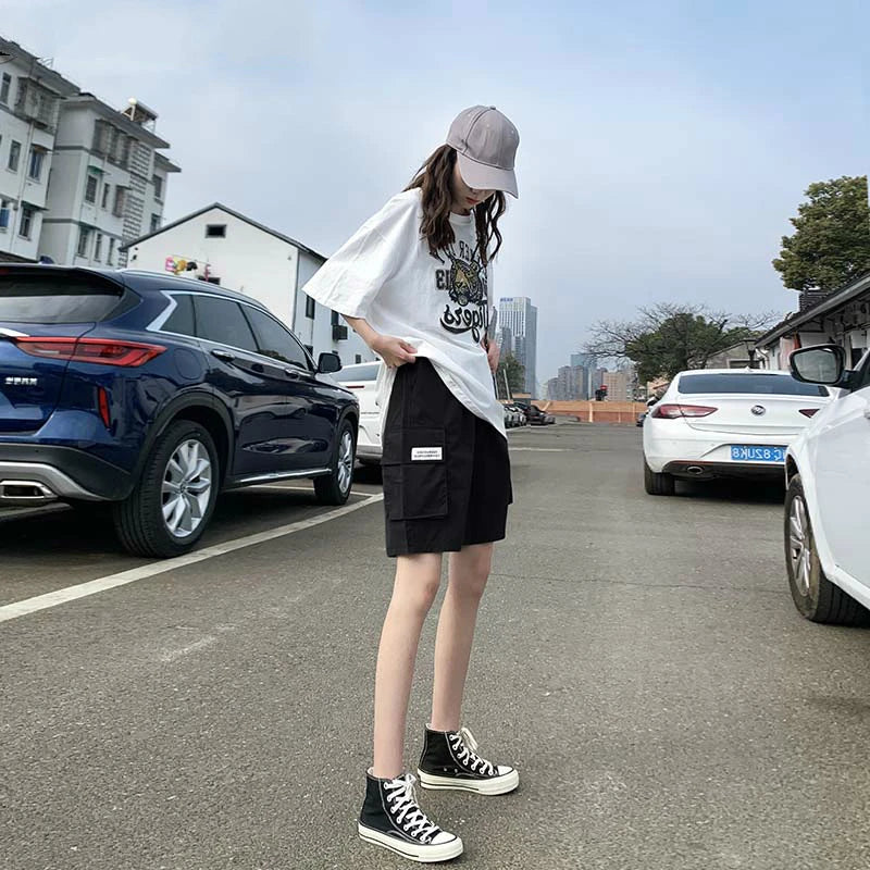 Seluar pendek Wanita Musim Panas Pinggang Tinggi Poket 3XL Paras Lutut BF Kasual Lurus Vintage Chic Solid Longgar Wanita Streetwear Ins Ulzzang