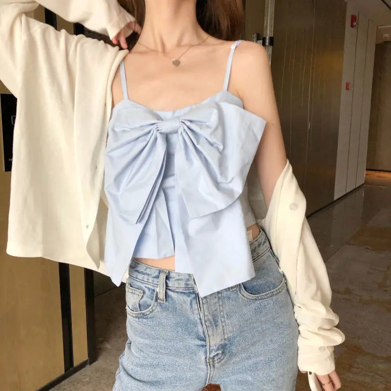 Kamisol Wanita Busur Besar Santai Padat Manis Kawaii Gadis Asas Kelab Malam Slim Tanpa Lengan Tees Chic Seksi Crop Top Wanita Bergaya