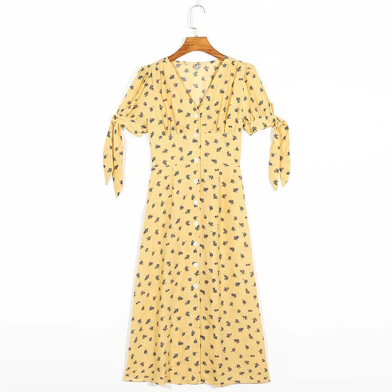 Dresses For Women Summer V Neck Short Sleeve Tie Floral Print Vintage Dress Buttoned Sexy Front Slit Elegant Midi Dress Clothes