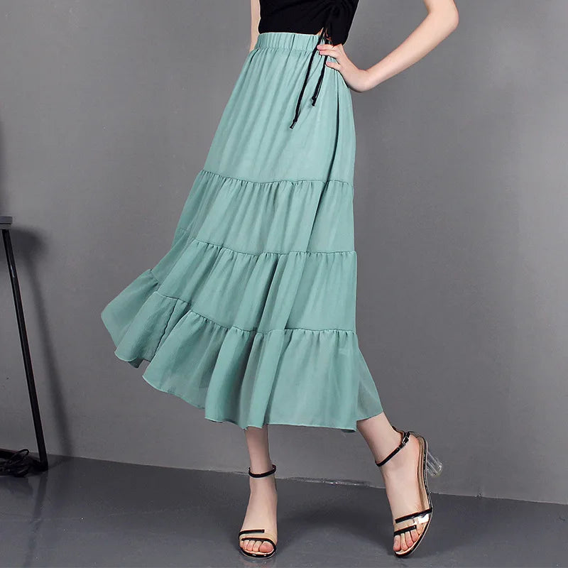 Versi Korea Selatan Musim Panas Wanita Berpinggang Tinggi Luar Bandar Kecil Bunga Segar Skirt Kolej Chiffon Elegan Bercetak Separuh Panjang