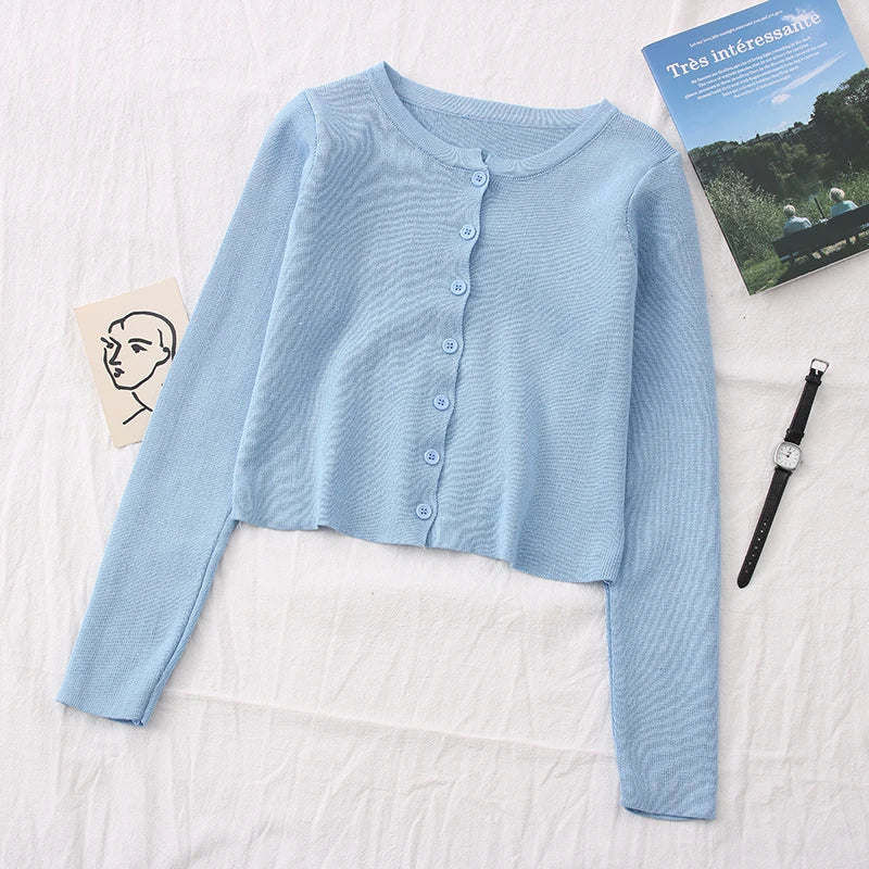 OUMEA Knitted Cardigans Spring Autumn Buttons Front Long Sleeve Crop Cardigans Top Solid Color Simple Classic Knitted Cardigans