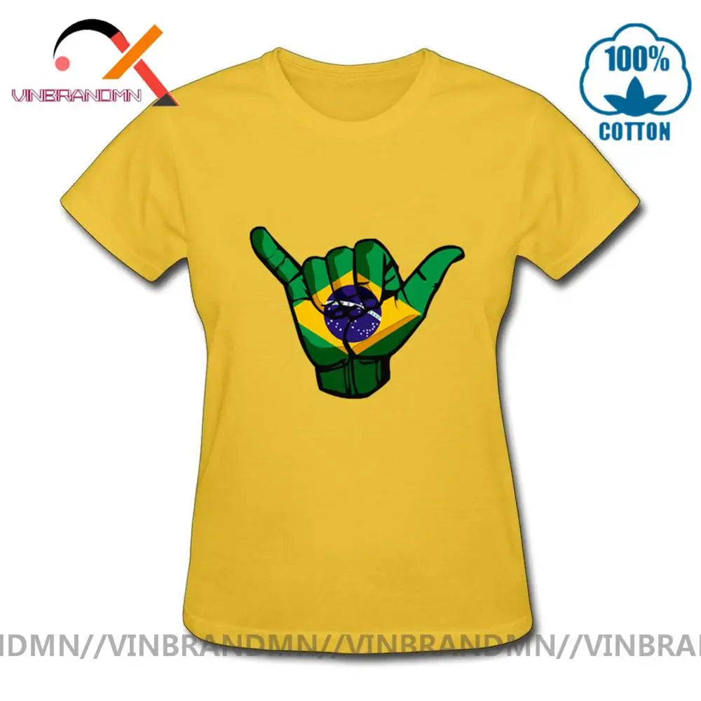 Funny Shaka sign Brazil flag T shirts Women Short Sleeve O-neck 100% Cotton T-shirt Hot sale Casual Fashionable Urban Apparel
