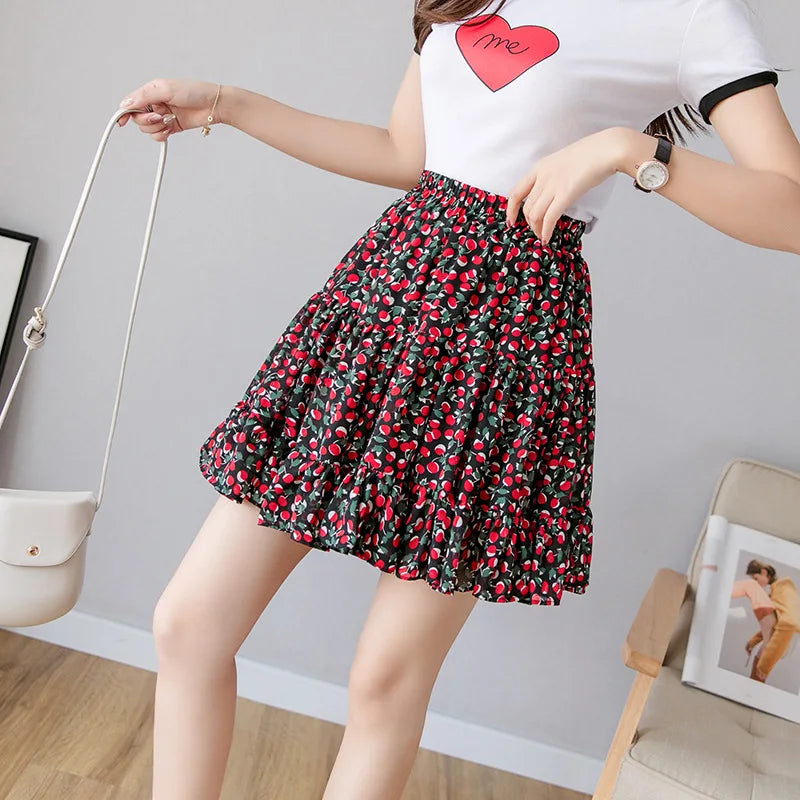 Versi Korea Luar Bandar Kecil Segar Bunga Patah Musim Panas Pinggang Tinggi Splicing Chiffon Pleated Printed Wanita Mini Tutu Skirt pendek
