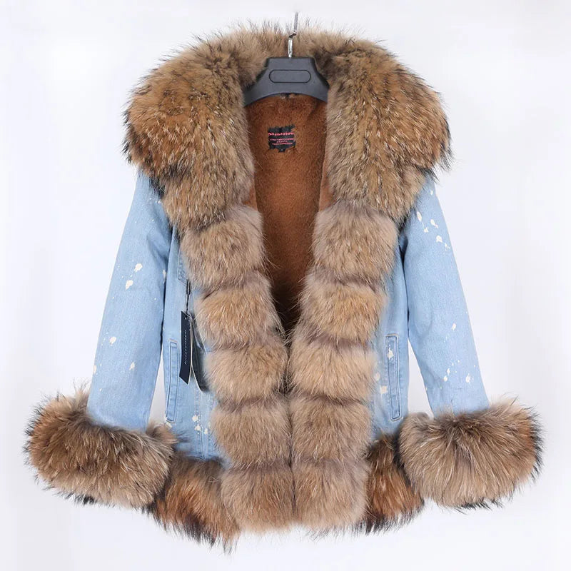 Super short denim fox fur collar rabbit fur lining removable fashionable warm jacket casual jacket