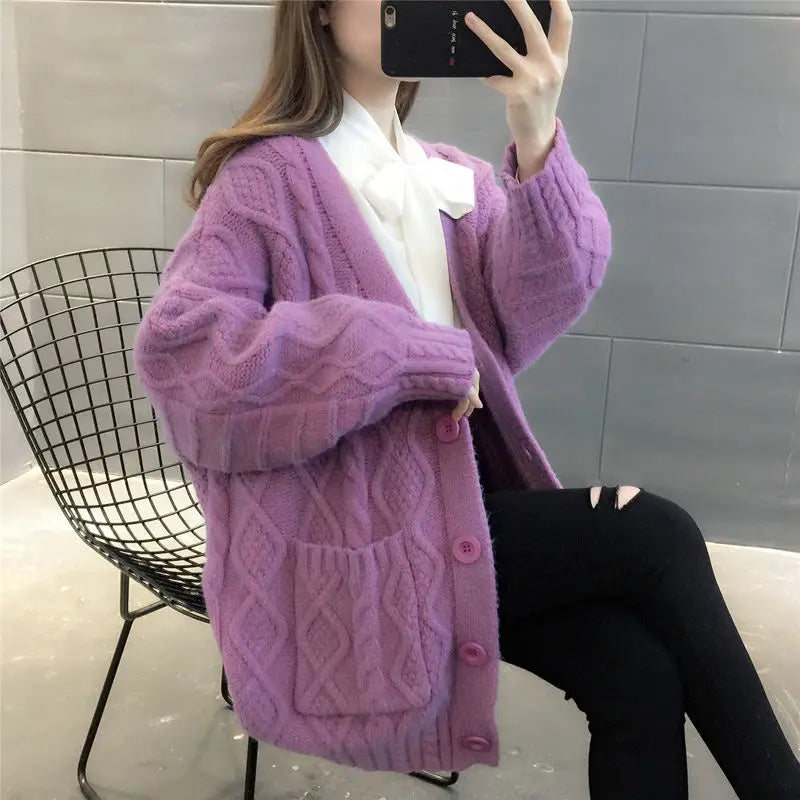 Cardigan Women Long Warm Solid Six Colors Single Breasted Pockets Comfortable Fashion Korean Style Casual All-match Simple Chic