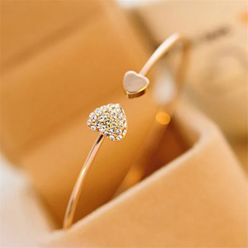 2019 Hot New Fashion Adjustable Crystal Double Heart Bow Bilezik Cuff Membuka Gelang untuk Wanita Hadiah Barang Kemas Mujer Pulseras