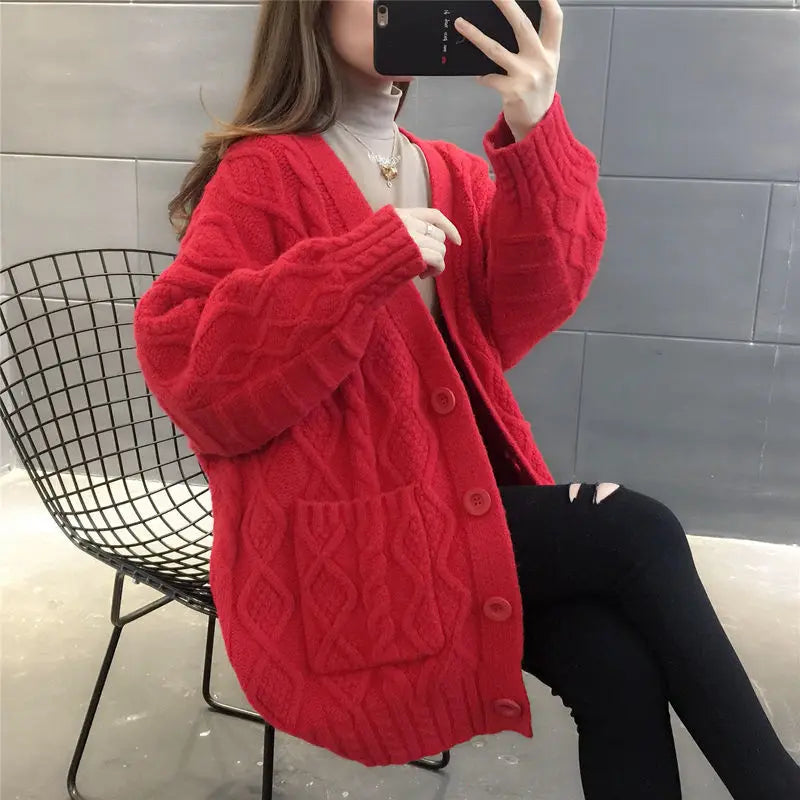 Cardigan Women Long Warm Solid Six Colors Single Breasted Pockets Comfortable Fashion Korean Style Casual All-match Simple Chic