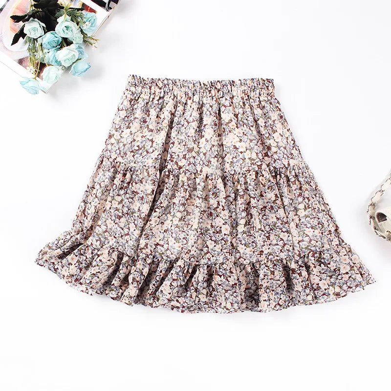 Versi Korea Luar Bandar Kecil Segar Bunga Patah Musim Panas Pinggang Tinggi Splicing Chiffon Pleated Printed Wanita Mini Tutu Skirt pendek
