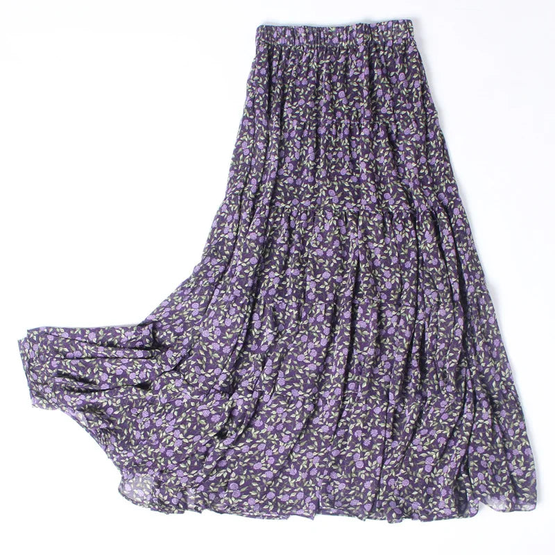 Versi Korea Selatan Musim Panas Wanita Berpinggang Tinggi Luar Bandar Kecil Bunga Segar Skirt Kolej Chiffon Elegan Bercetak Separuh Panjang