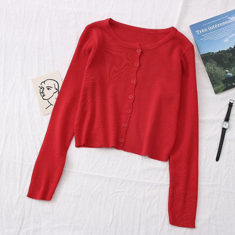 OUMEA Knitted Cardigans Spring Autumn Buttons Front Long Sleeve Crop Cardigans Top Solid Color Simple Classic Knitted Cardigans