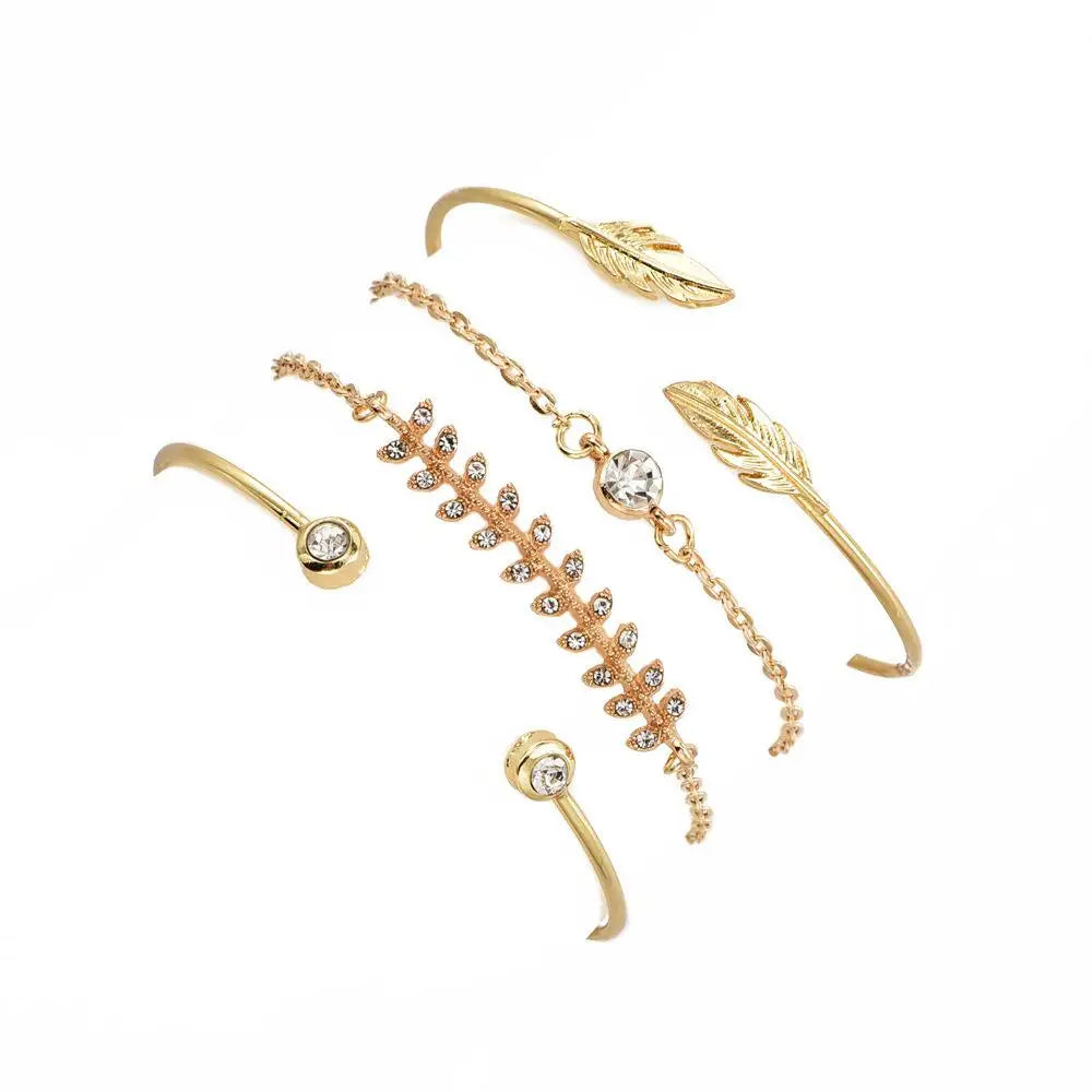 Punk Charm Bracelet Bracelet Fashion New Temperament Popular Jewelry Leaf Crystal Women's 4-piece Set Bracelet Wholesale