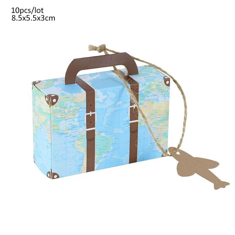 10pcs Mini Suitcase Candy Box Travel Map Classic Theme Gift Box Compass Pendant For Wedding Birthday Favor Present Boxes Packing