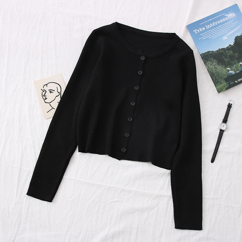 OUMEA Knitted Cardigans Spring Autumn Buttons Front Long Sleeve Crop Cardigans Top Solid Color Simple Classic Knitted Cardigans