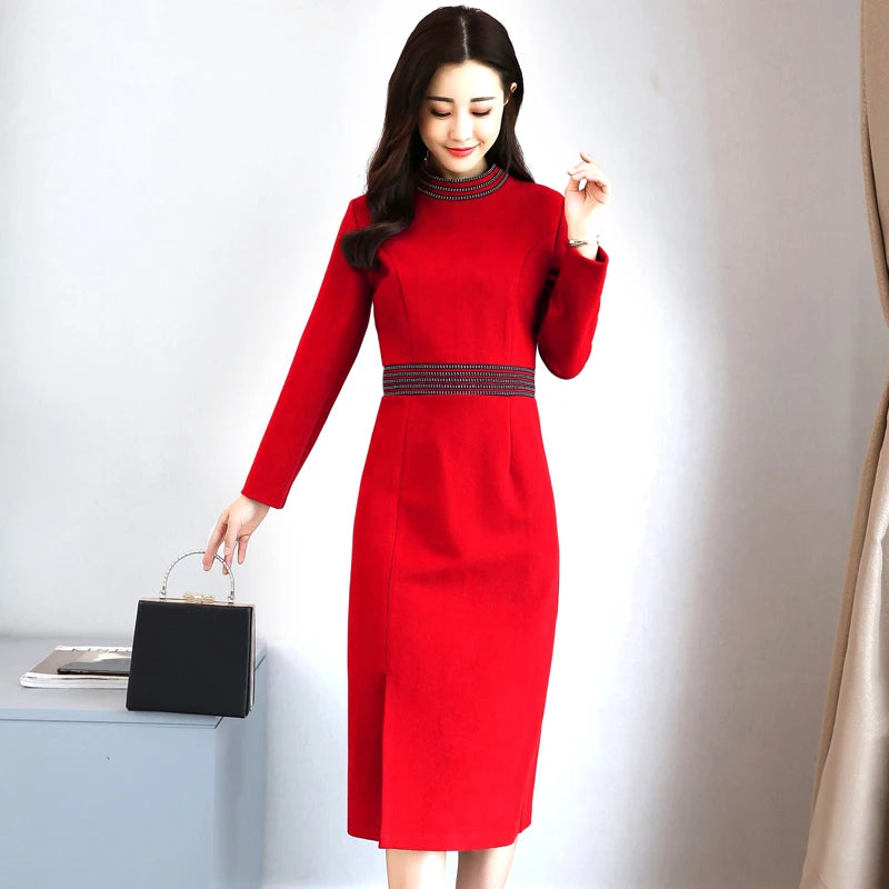2020 Baru Musim Bunga Musim Gugur Vintage Pakaian Wanita Hitam Lengan Panjang Midi Pakaian Wanita Gaun Wanita Elegan