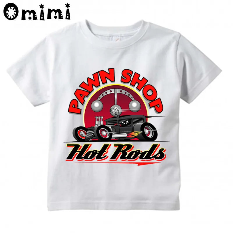 Boys/Girls Rat Rod School Classic Muscle Car Printed T Shirt Kids Short Sleeve Tops Children's White T-Shirt