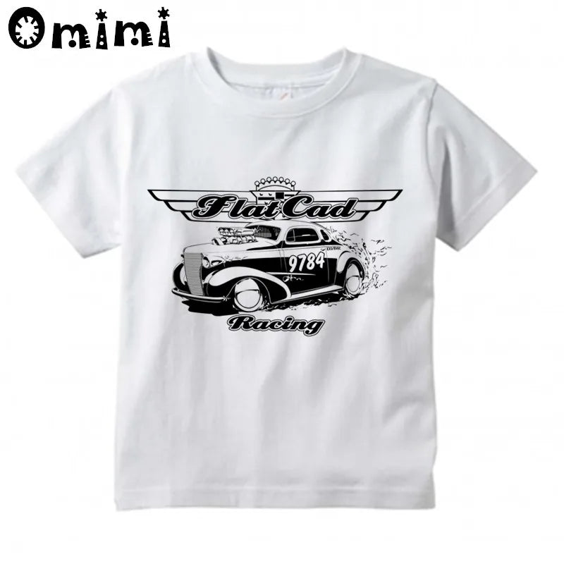 Boys/Girls Rat Rod School Classic Muscle Car Printed T Shirt Kids Short Sleeve Tops Children's White T-Shirt