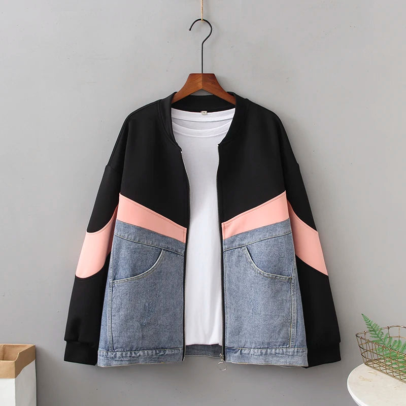 Baju Atasan Wanita Longgar Baru 2022 Musim Bunga Musim Gugur Zip Kontras Jaket Denim Pakaian Lebih Tahan Dr Fesyen Perkakas Wanita 4XL K978