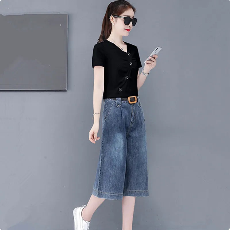 UHYTGF Set sukan pelajar yang elegan fesyen wanita denim seluar lebar kaki kasual musim panas 2 set set wanita Korea sut saiz besar 982