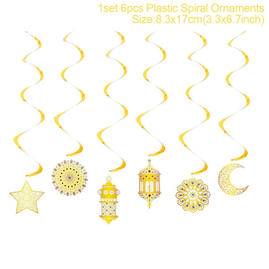 Eid Mubarak Banner Decor For Home Gold Spiral Eid Pendant Bunting Islamic Muslim Hajj Mubarak Festival Party DIY Ramadan Decor