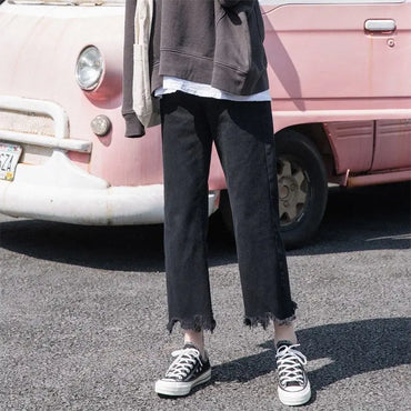 Seluar Jeans Wanita Longgar Dilapisi Bulu Santai Bergaya Ringkas Pepejal Retro Vintage Wanita Gaya Korea Harajuku Streetwear separas buku lali Ulzzang