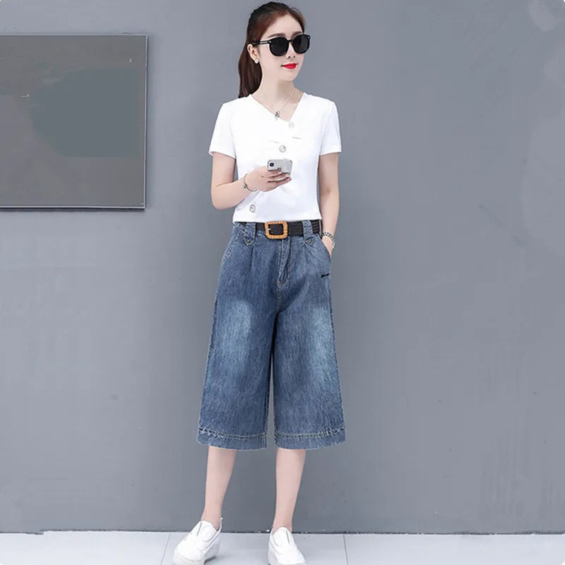 UHYTGF Set sukan pelajar yang elegan fesyen wanita denim seluar lebar kaki kasual musim panas 2 set set wanita Korea sut saiz besar 982