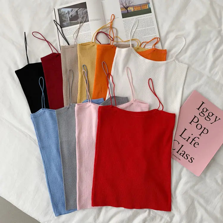 Camisoles Women Summer Solid Colorful Sexy Knitted Sleeveless Tees Womens Tanks Tops Camis Chic Basic All-match Ulzzang Backless