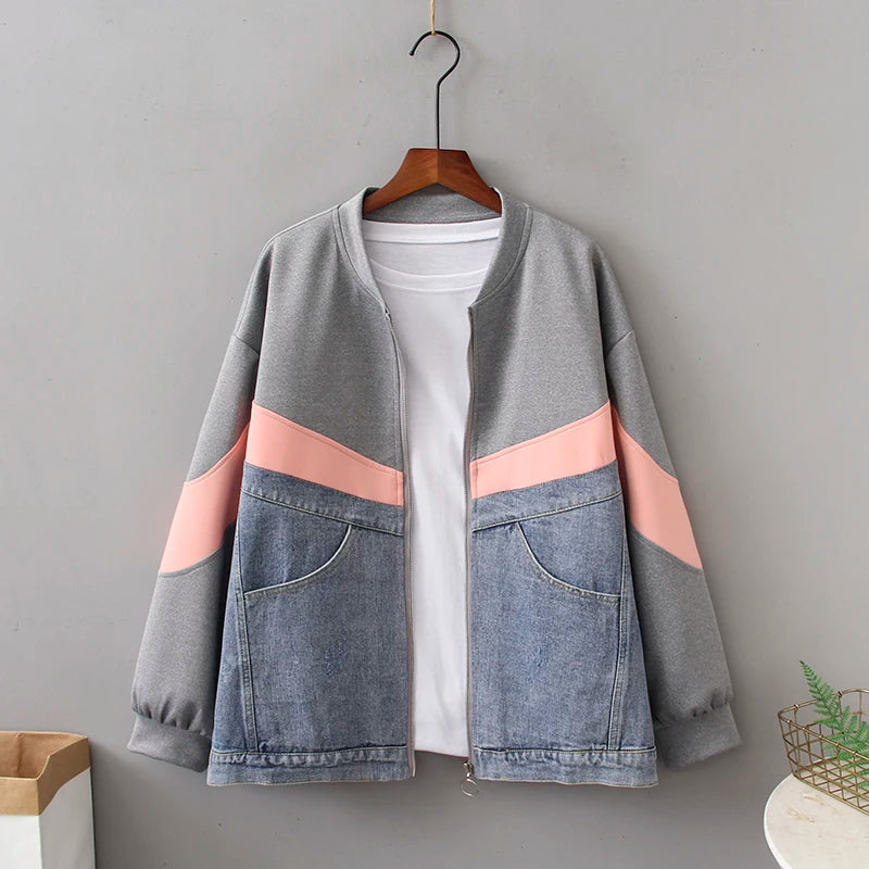 Baju Atasan Wanita Longgar Baru 2022 Musim Bunga Musim Gugur Zip Kontras Jaket Denim Pakaian Lebih Tahan Dr Fesyen Perkakas Wanita 4XL K978