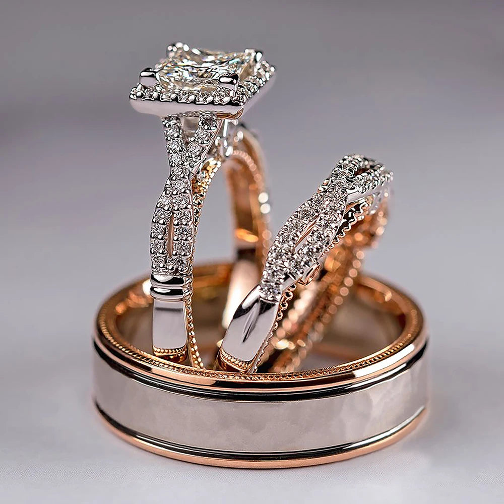 Huitan Luxury Princess Cut Cubic Zircon Bridal Wedding Set Cincin Aksesori Elegan Wanita Cemerlang Lelaki Perkahwinan Barang Kemas Trend