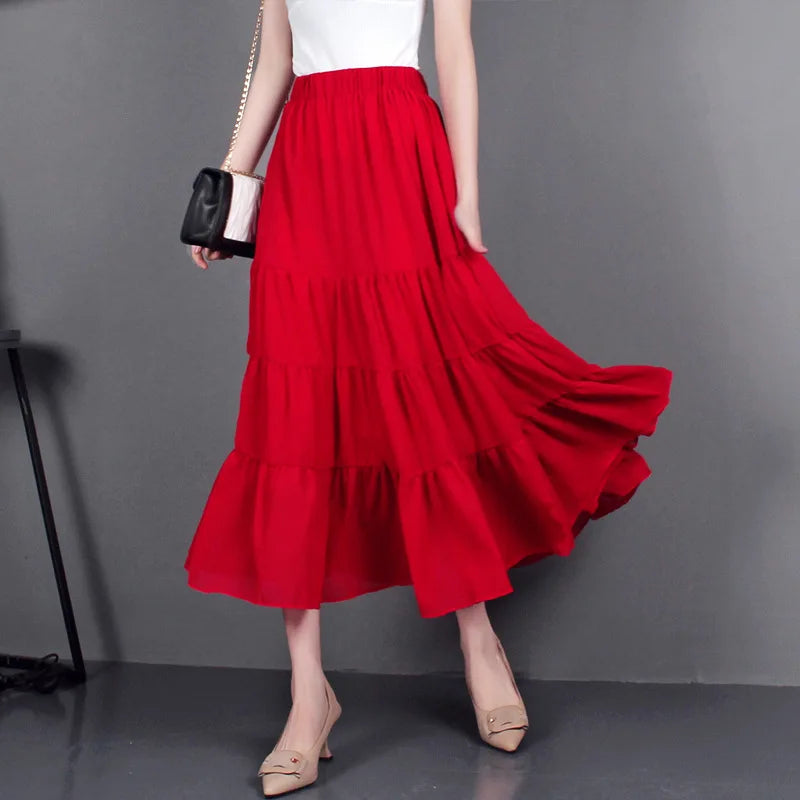 Versi Korea Selatan Musim Panas Wanita Berpinggang Tinggi Luar Bandar Kecil Bunga Segar Skirt Kolej Chiffon Elegan Bercetak Separuh Panjang
