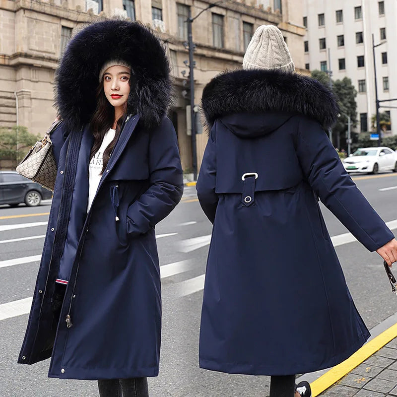 Parka Tudung Bulu Besar Wanita Pelapik Boleh Tanggal Lapik Kapas Panjang Bawah Kot Empuk Wanita Pakaian Tahan Panas Panas Tebal Jaket Musim Sejuk Wanita AU-181